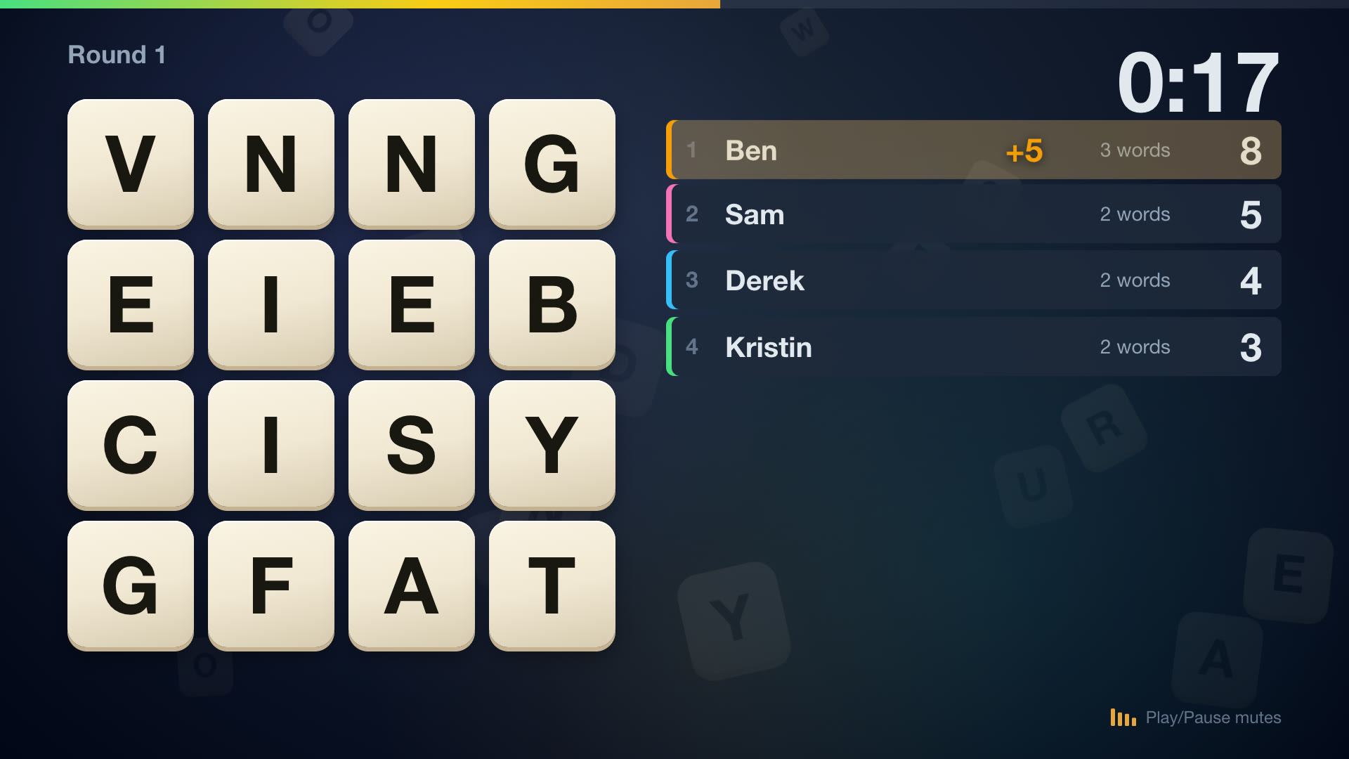 A round in progress: the 4 by 4 board on the left, the clock at 0:17 at the top right over a draining time bar, and the leaderboard with Ben first on 8 points and a +5 beside his name for a 7-letter word, then Sam on 5, Derek on 4 and Kristin on 3