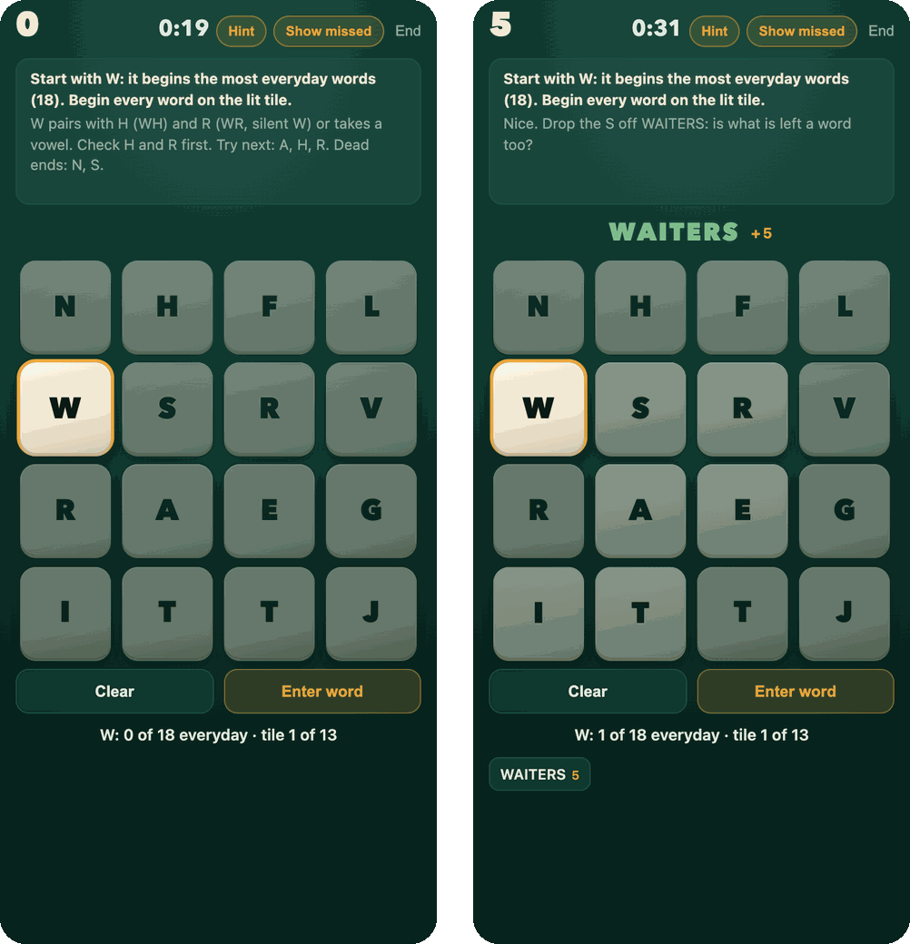 Two phone screenshots of Coach mode. Left: the W tile lit and the rest dimmed, with a note saying to start with W because it begins the most everyday words (18), that W pairs with H and R or takes a vowel, and to try A, H and R next, with N and S as dead ends. Right: 31 seconds in, WAITERS found for 5 points, and the note says to drop the S off WAITERS and check whether what’s left is a word too