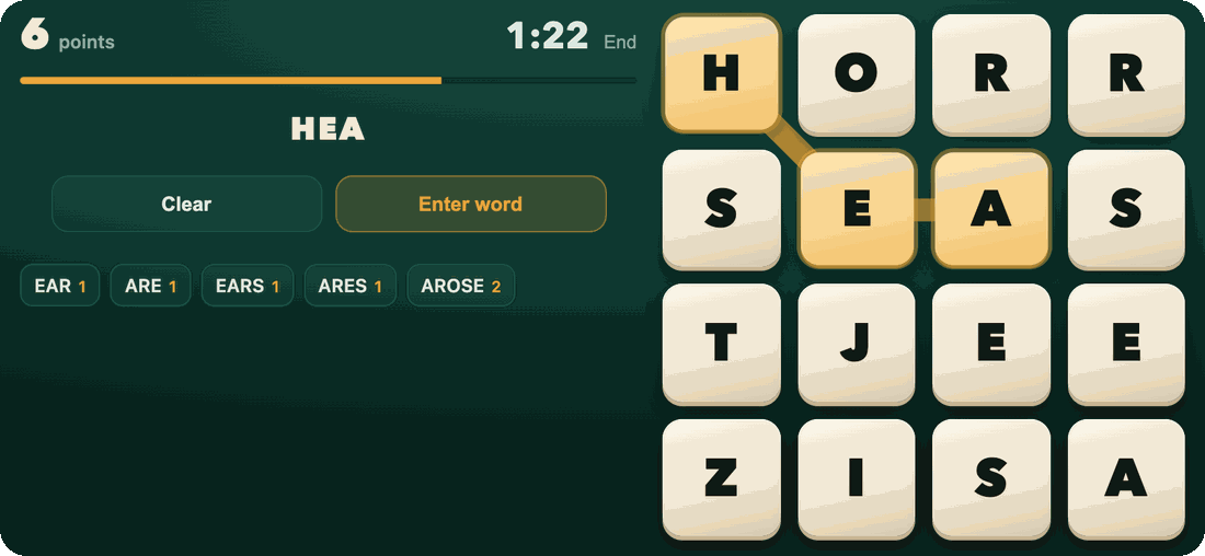 Ogle in landscape on a phone: the score, the clock at 1:22, the traced letters HEA and the found words on the left, and the four by four board filling the right side with H, E and A traced in gold