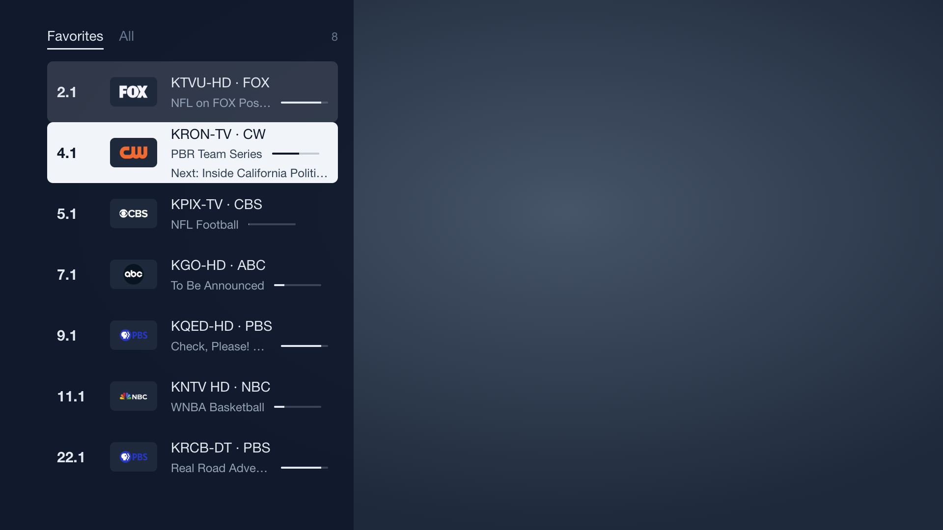 The channel list on the left third of the screen showing the Favorites tab: eight channels with logos, now-playing titles and progress bars, a faint tint on the playing channel and the focused row in white with a Next line
