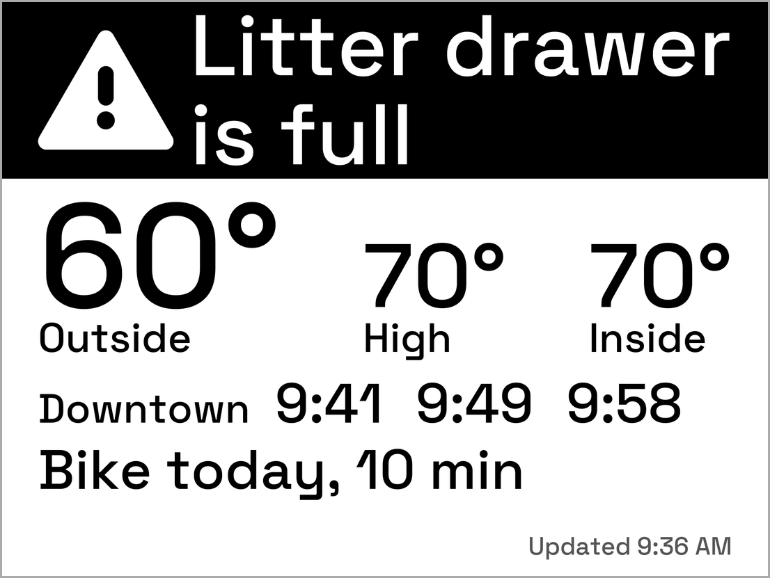 The same morning screen with the litter alert: the black banner starts with a white warning triangle and reads Litter drawer is full, with the temperatures, a Downtown row and a Bike today line below