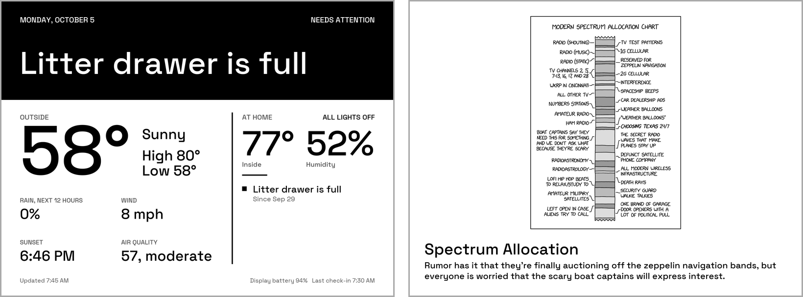 Two screens that failed the test, side by side: the first Today design, with a black alert band, a large outside temperature and small labels and statistics, and an xkcd comic whose lettering is tiny at this distance