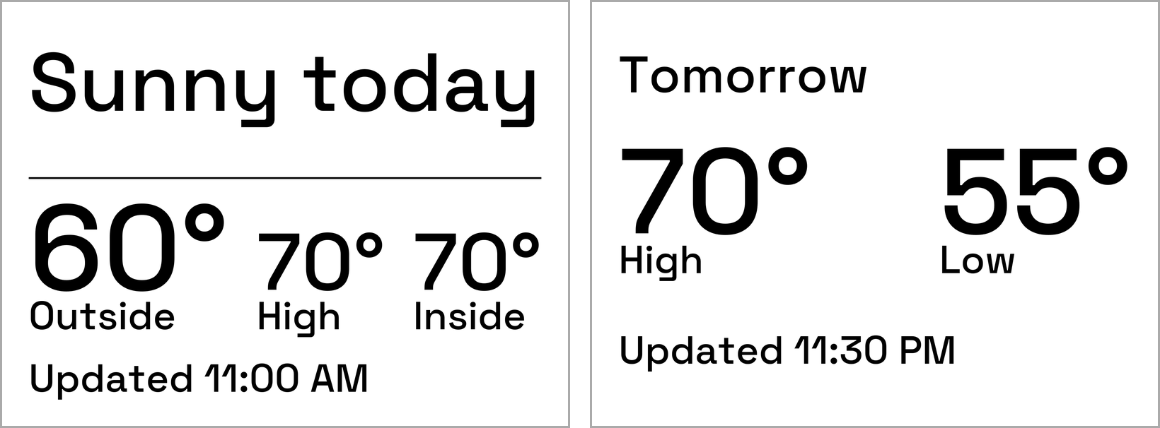 Grandma mode, two screens side by side: a day screen with a headline and three large temperatures, and a night screen that is only tomorrow’s high and low and the update time