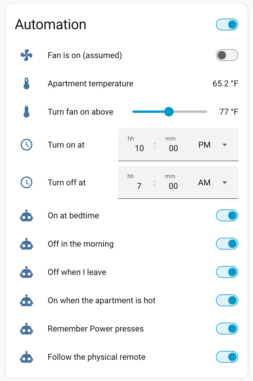 The Automation card: the “Fan is on (assumed)” toggle, the apartment temperature at 65.2 F, a slider set to 77 F, time pickers set to 10:00 PM and 7:00 AM, and toggles for the six fan automations.
