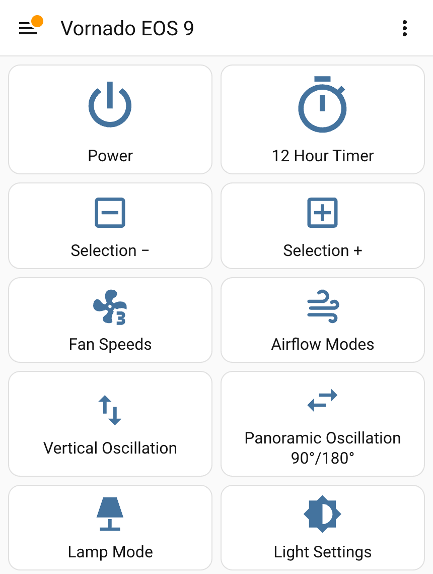 The Fan dashboard in Home Assistant at phone width: ten buttons in two columns, Power, 12 Hour Timer, Selection minus and plus, Fan Speeds, Airflow Modes, Vertical Oscillation, Panoramic Oscillation 90/180, Lamp Mode and Light Settings.
